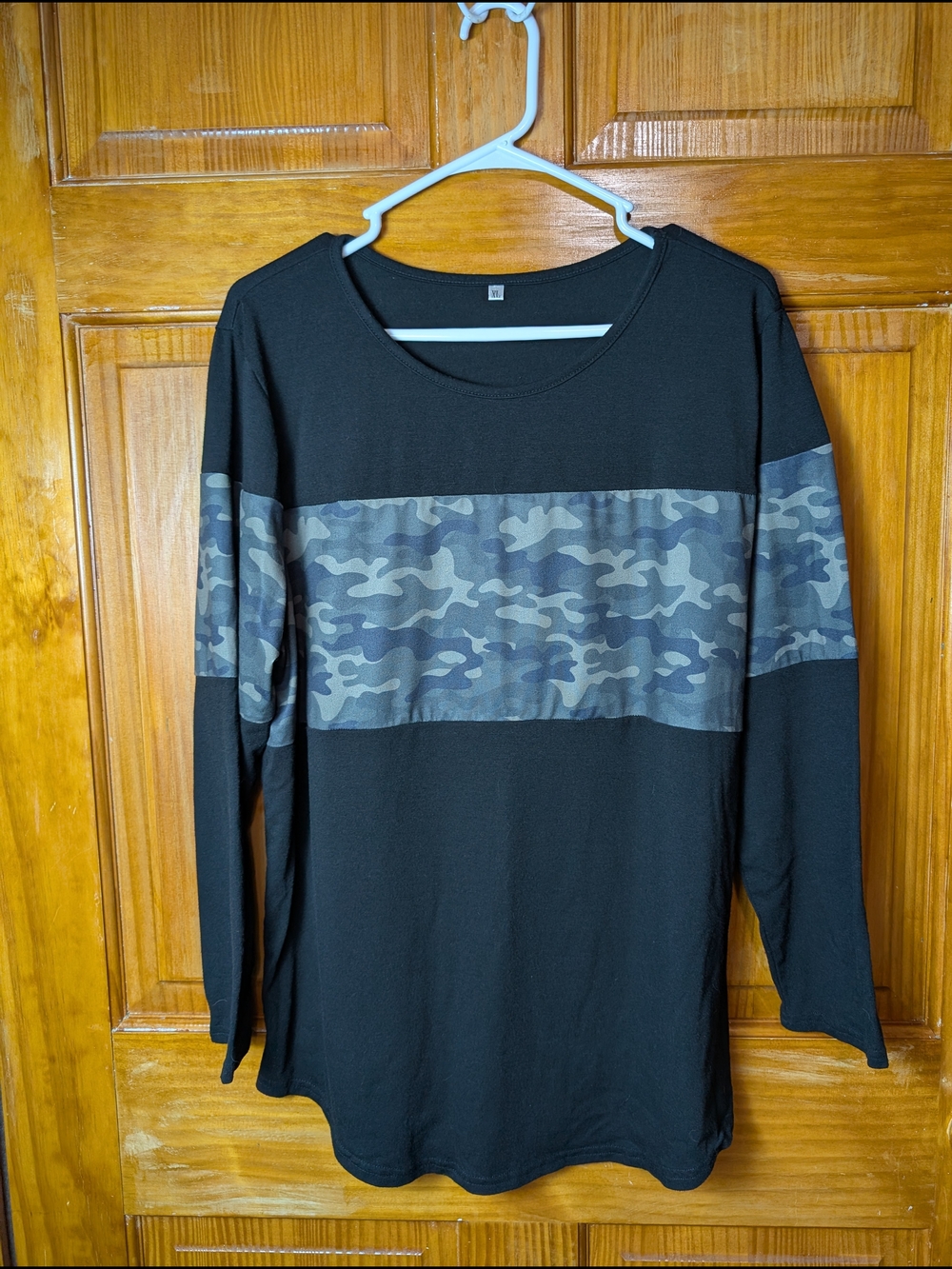 Black Long Sleeve Top with Camouflage Accent